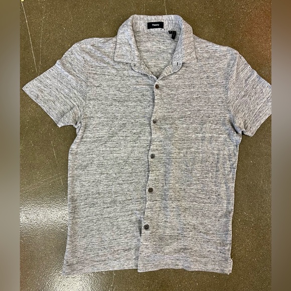 Men’s Theory Short Sleeve Button Front 100% Linen Jersey Heather Grey Shirt - Picture 5 of 6